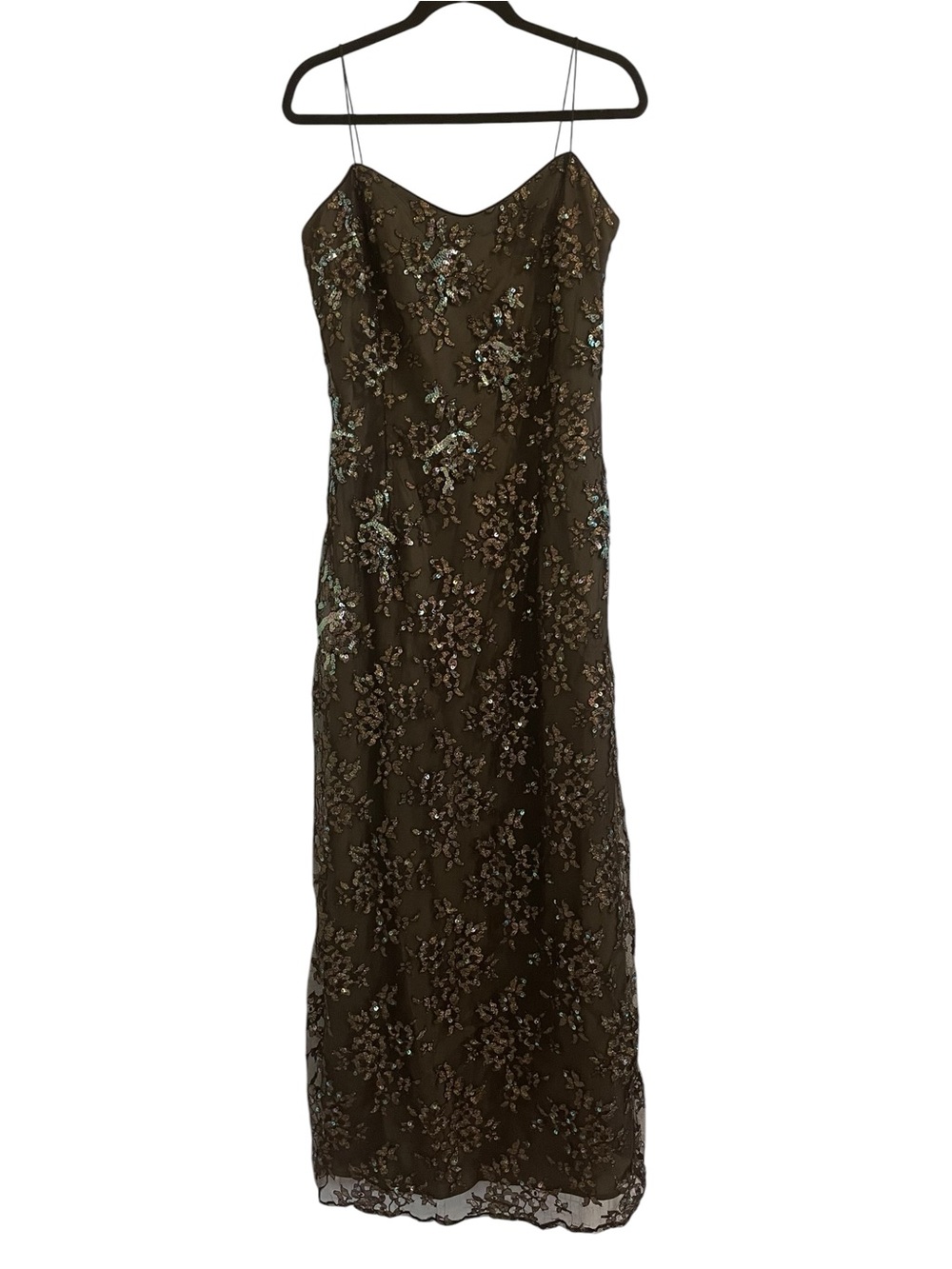 Rimini Brown Floral Embroidered Slip Maxi Dress Sequins Shimmer Size 12